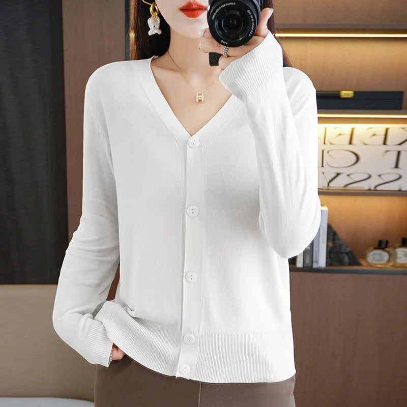Thin Solid V-Neck Ice Silk Knitted Long Sleeve Cardigan Fashion V-Neck Top for Women-Dollar Bargains Online Shopping Australia