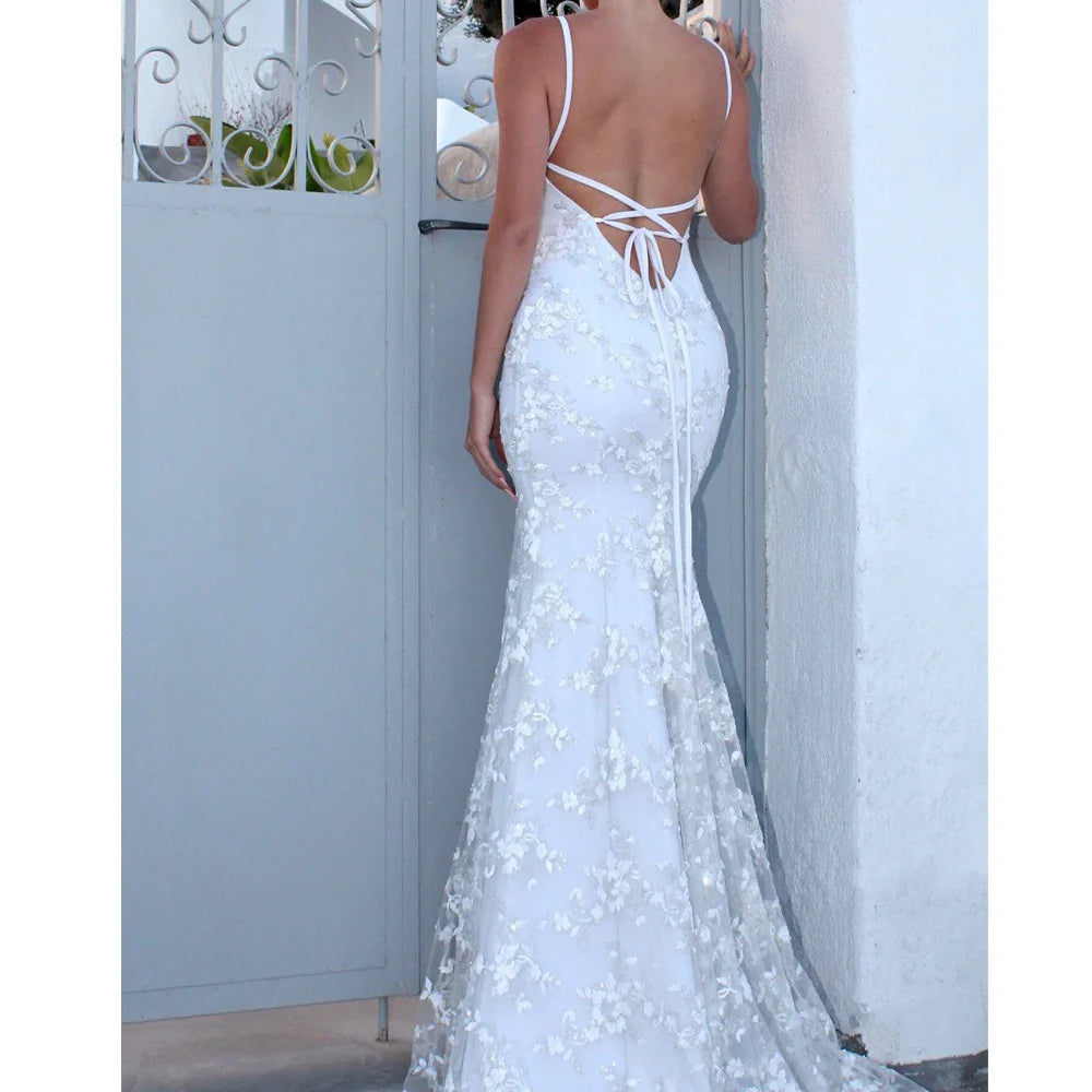 Women Party Long Dress White Sexy Lace Dress V Neck Backless Lace Up Maxi Bodycon Dresses