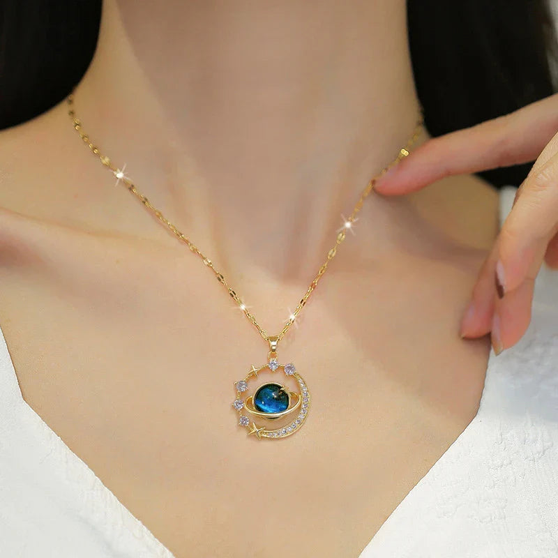 Stainless Steel Zircon Planet Star Pendant Necklace For Women Girl Elegant Aesthetic Clavicle Chain Necklace Jewelry Party Gift-Dollar Bargains Online Shopping Australia