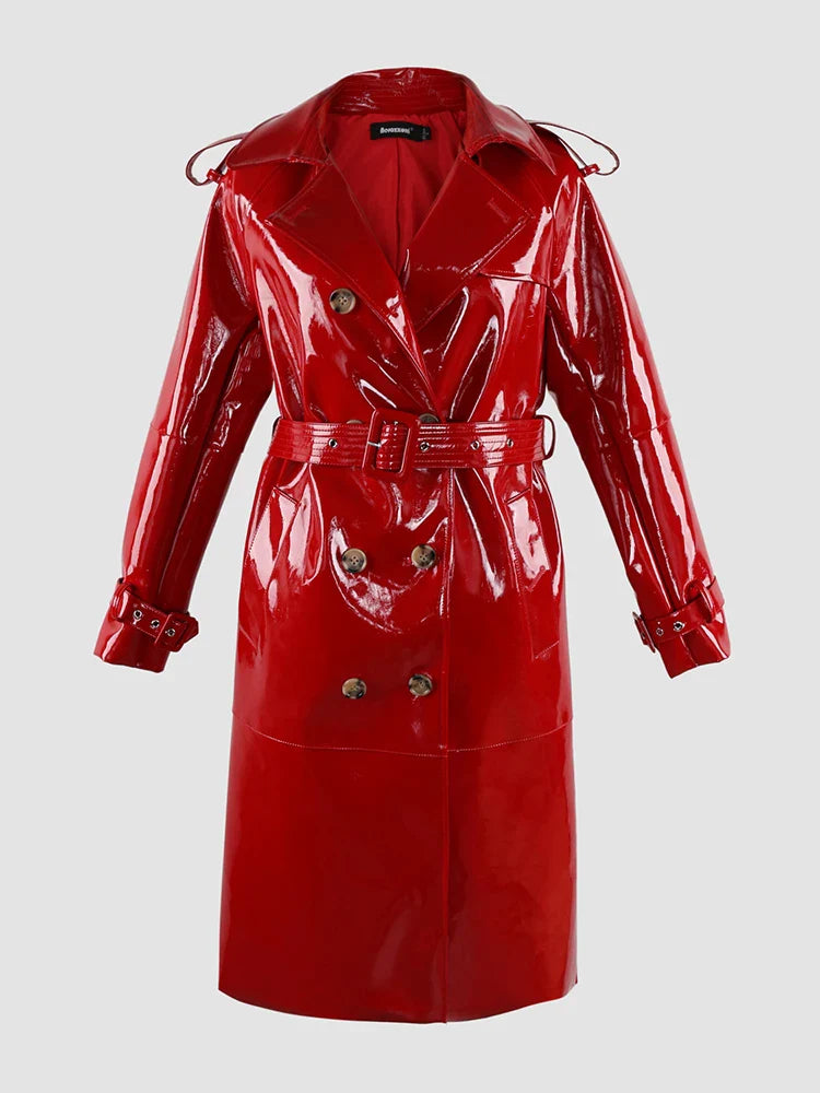 Long Shiny Black Red Patent Pu Leather Trench Coat for Women Belt Double Breasted Luxury Designer Clothes-Dollar Bargains Online Shopping Australia