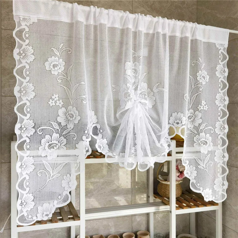American Pastoral White Lace Balloon Curtain Lifting Tie-Up Roman Tulle Curtain Valance For Room Kitchen Door Partition Decor