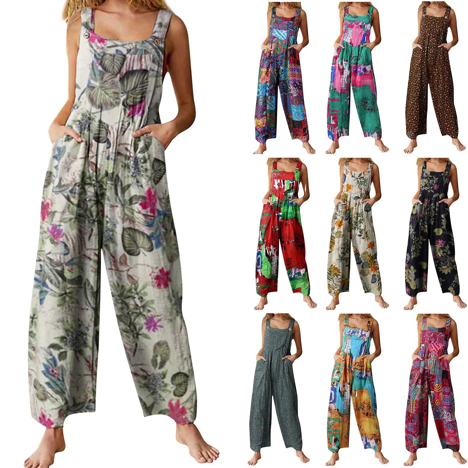 Ethnic Style Patchwork Floral Printed Retro Jumpsuit With Button And Pocket Fashion Colorful Adjustable Strap Pants-Dollar Bargains Online Shopping Australia