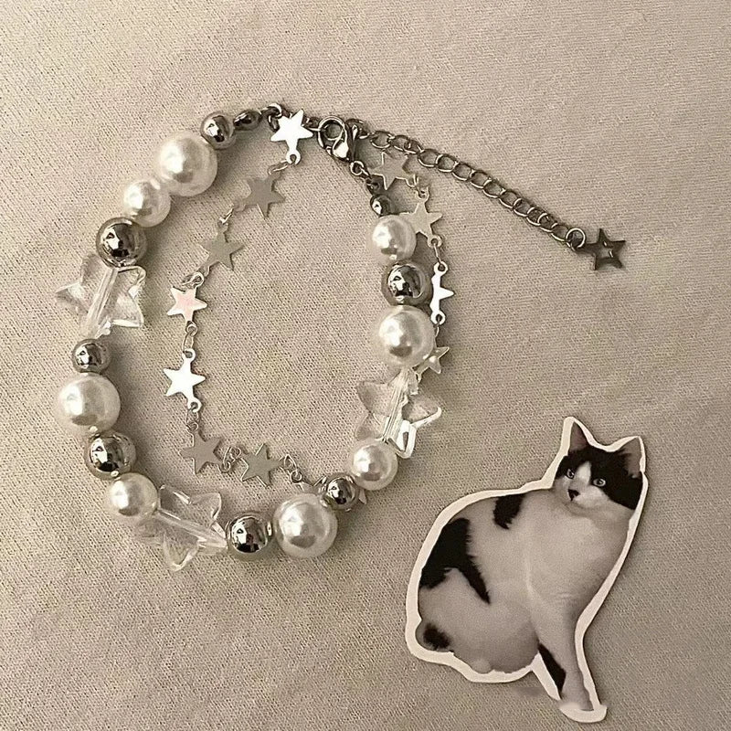 Crystal Star Pentagram Pearl Beaded Bracelet for Women Vintage Aesthetic Charm Double Layer Chain Bracelet Jewelry Gift