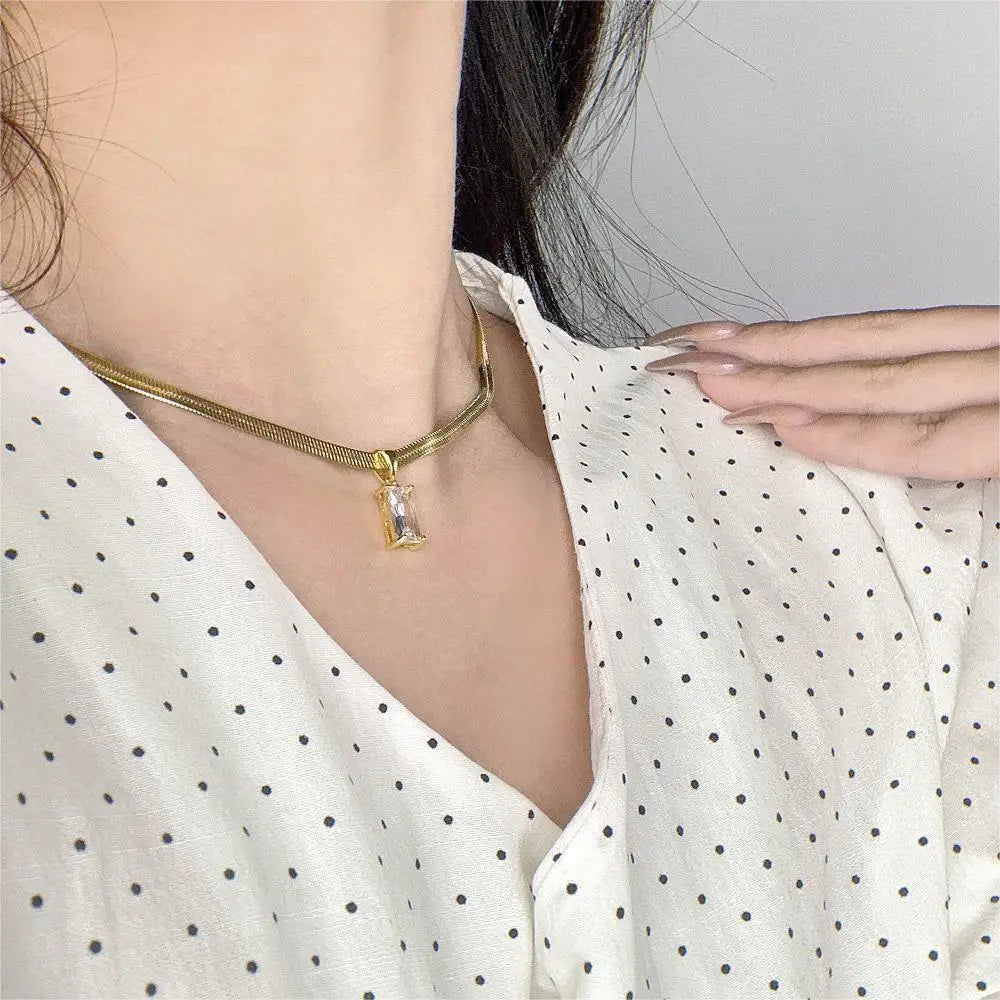 Squares Crystal Pendant Necklace for Women Dazzling CZ Gold Color Stainless Steel Choker Snake Chain on Neck Jewelry-Dollar Bargains Online Shopping Australia