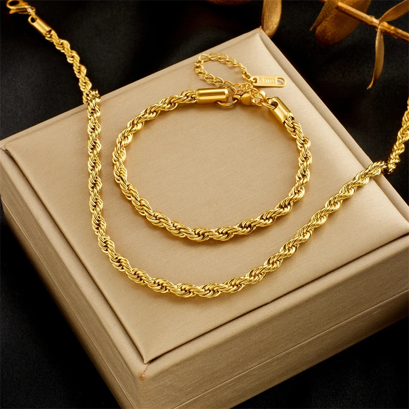 DIEYURO 316L Stainless Steel Gold Color Chain Necklace Bracelets For Women Girl Fashion Non-fading Lady Jewelry Set Accessories-Dollar Bargains Online Shopping Australia