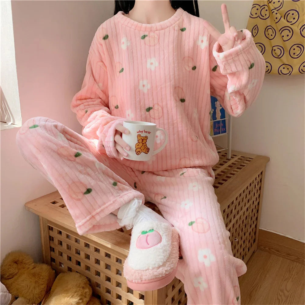 Winter Warm Flannel Fleecing Women Pyjamas Sets Thick Coral Velvet Long Sleeve Cartoon Sleepwear 2pcs Flannel Pajamas Set-Dollar Bargains Online Shopping Australia