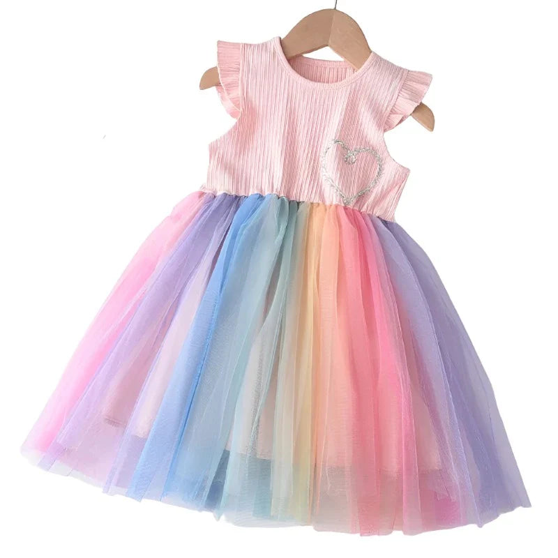 Flying Sleeve Girls Colorful Dress Summer Kids Rainbow Mesh Party Dresses Children Clothing Outfits