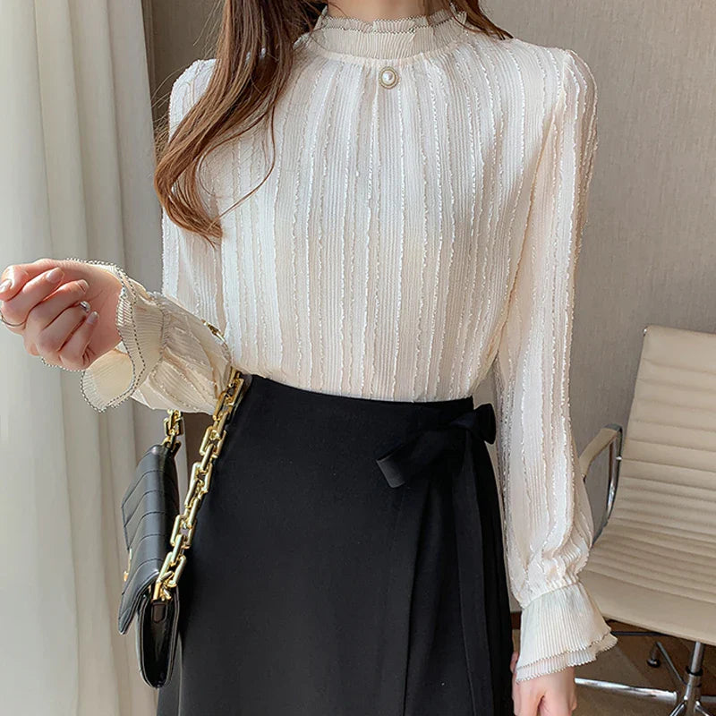 Women Stand Collar Lace Chiffon Blouse Shirt Tops Long Sleeve Blouse Women-Dollar Bargains Online Shopping Australia