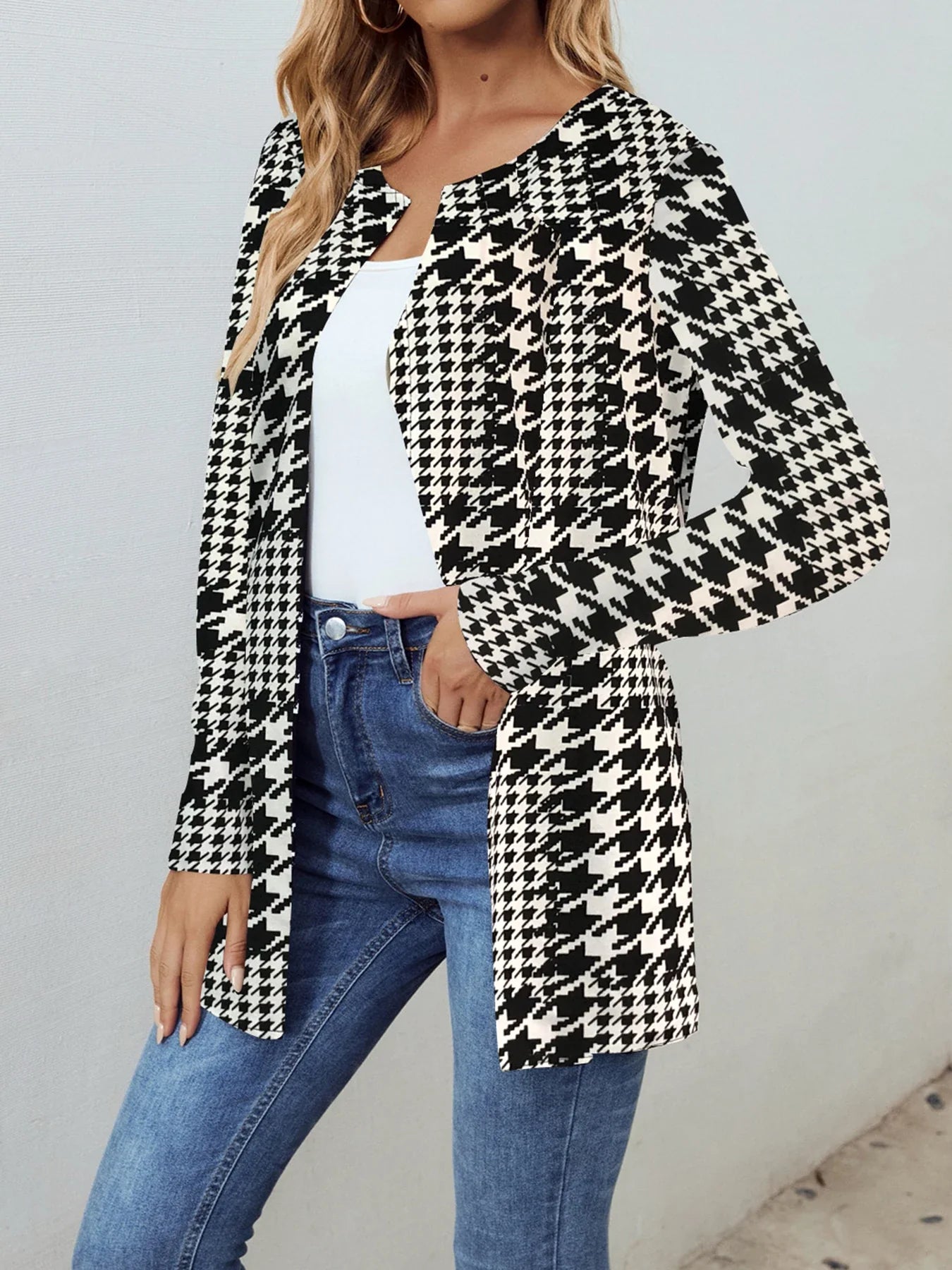 Houndstooth Printed Full Long Sleeve Outerwear Women Casual O Neck Overcoats Ladies Basic Chic Long Coats