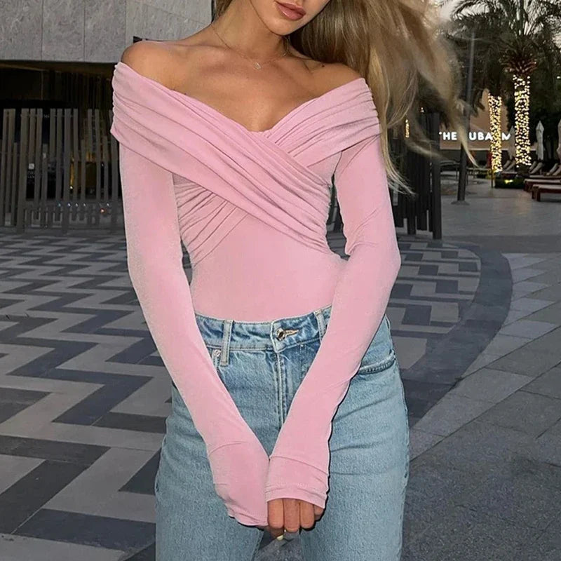 Off Shoulder Bodysuits Women Fashion Black Crossed Folds Skinny Rompers Long Sleeve Fashion Streetwear