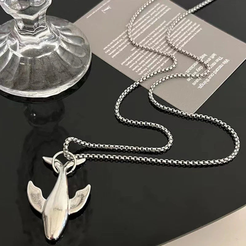 Fashion Trend Whale Stainless Steel Pendant Necklace for Men Exquisite Design Small Whale Cold Wind Long Sweater Chain-Dollar Bargains Online Shopping Australia
