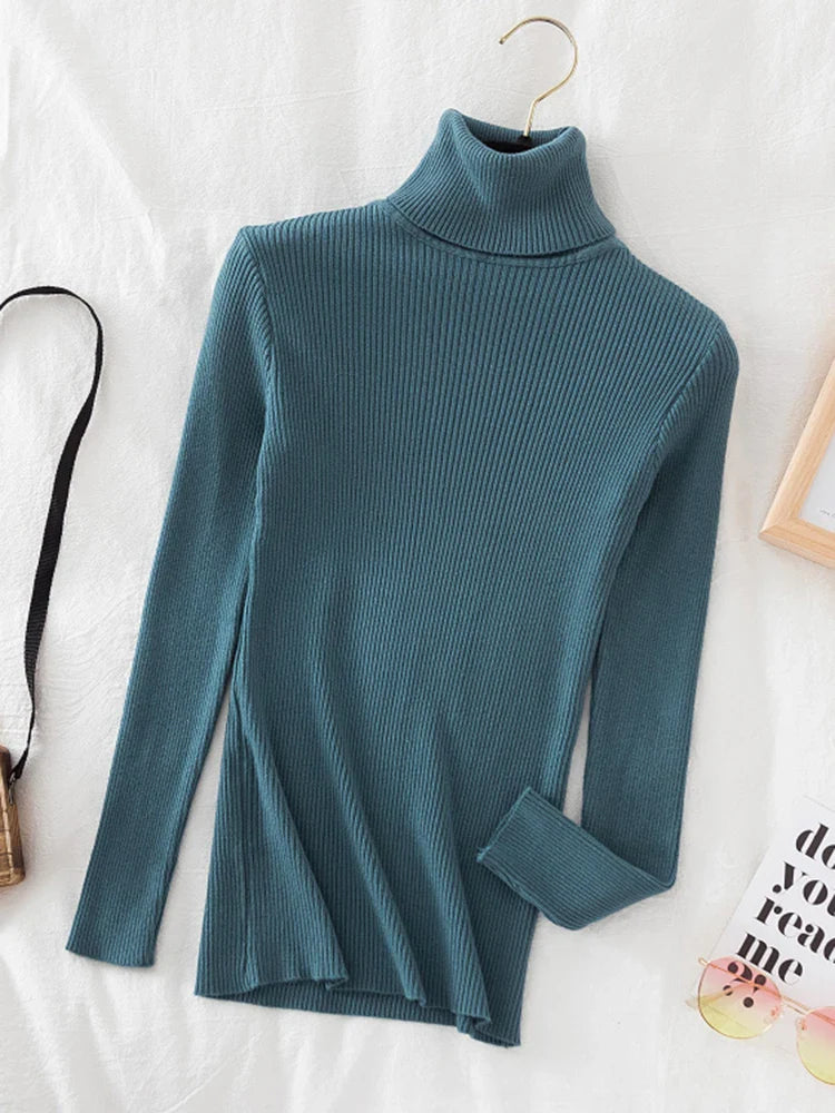 Korean Fashion Turtleneck Women Autumn Winter Pullover Sweater Basic Solid Casual Slim Stretch Ribbed Knitted Top Woman Sweaters-Dollar Bargains Online Shopping Australia