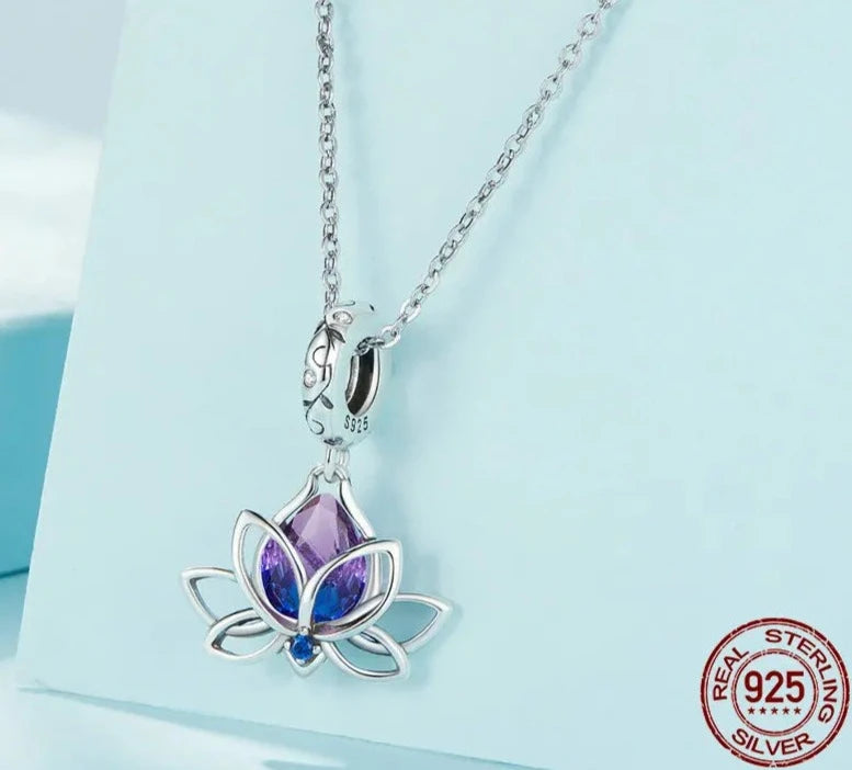 Sterling Silver Bi Color Lotus Flower Ring For Women Drop Purple pink Crystal Opening Rings Wedding Party Jewelry Gift