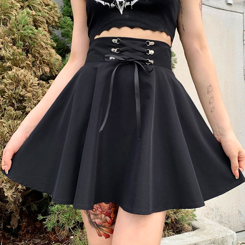 Basic Versatile Flared Casual Mini Skater Skirt High Waisted School Goth Punk Black Skirt Harajuku