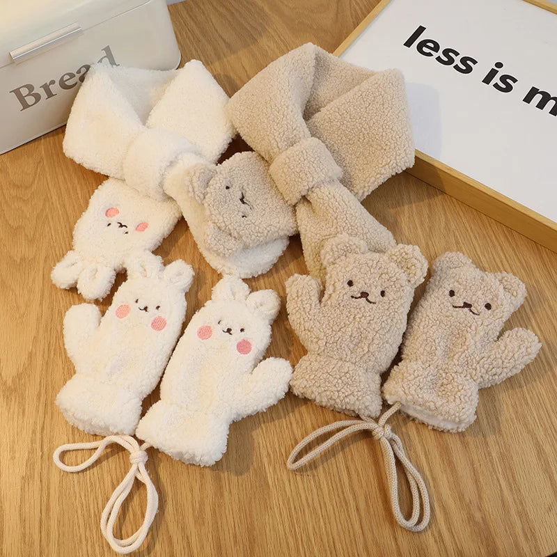 2Pcs Winter Baby Scarf Gloves Set Lamb Wool Thick Kids Scarves Mittens Suit for Girl Boy Cartoon Bear Bunny Children Neck Warmer-Dollar Bargains Online Shopping Australia