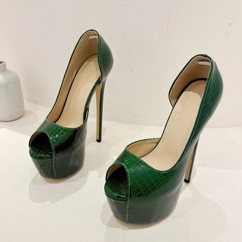 Green Snake Print Leather Platform Pumps Women Sexy Slingback Peep Toe Extreme High Heels Strip Pole Dance Shoes-Dollar Bargains Online Shopping Australia