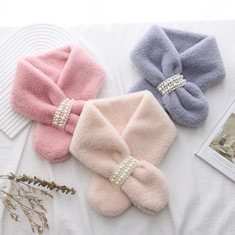 Winter Pearl Plush Scarf For Women Autumn Cute Thickened Warm Faux Fur Cross Scarves Girls Soft Neck Ring Scarf