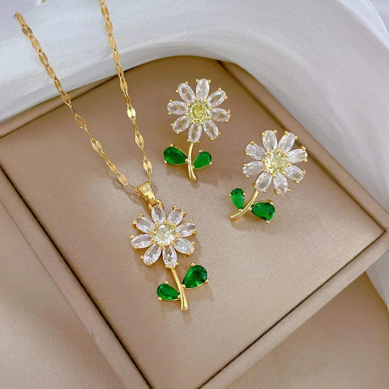 Fashionable Charming White Green Leaf Sunflower Necklace and Earrings Set Classic Retro Stainless Steel Party Wedding Jewelry-Dollar Bargains Online Shopping Australia