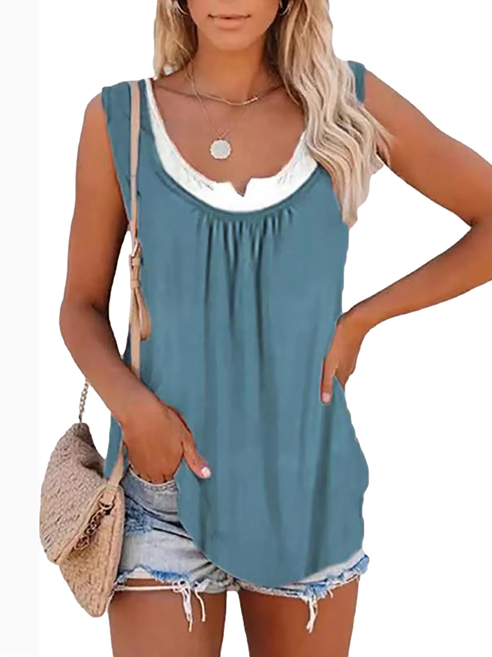 Womens blouse solid color patchwork sleeveless pleated vest T-shirt-Dollar Bargains Online Shopping Australia