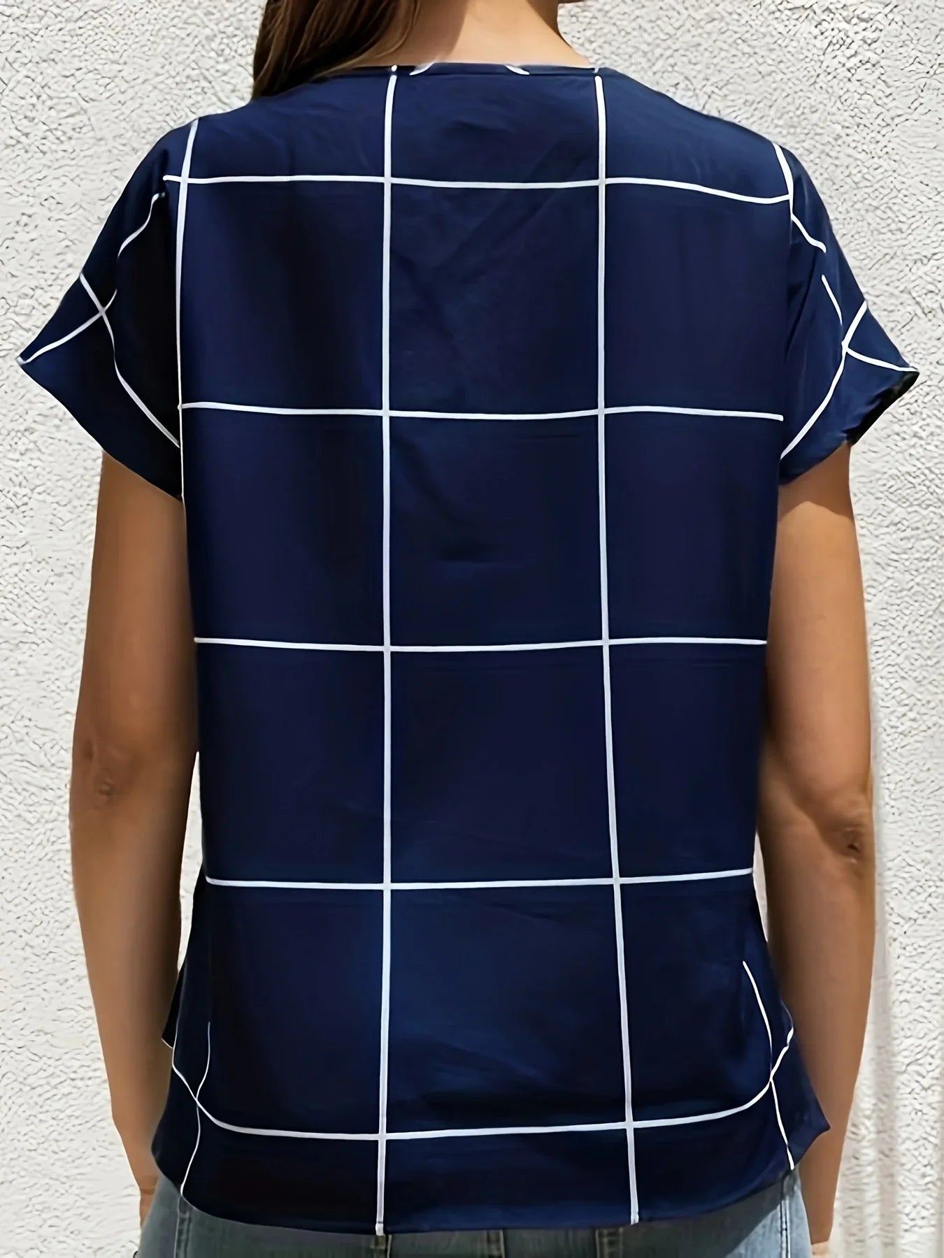 Women Plaid Printed Blouses Shirts Casual V Neck Short Sleeve Tops Ladies Basic Chic Blouses Tops-Dollar Bargains Online Shopping Australia