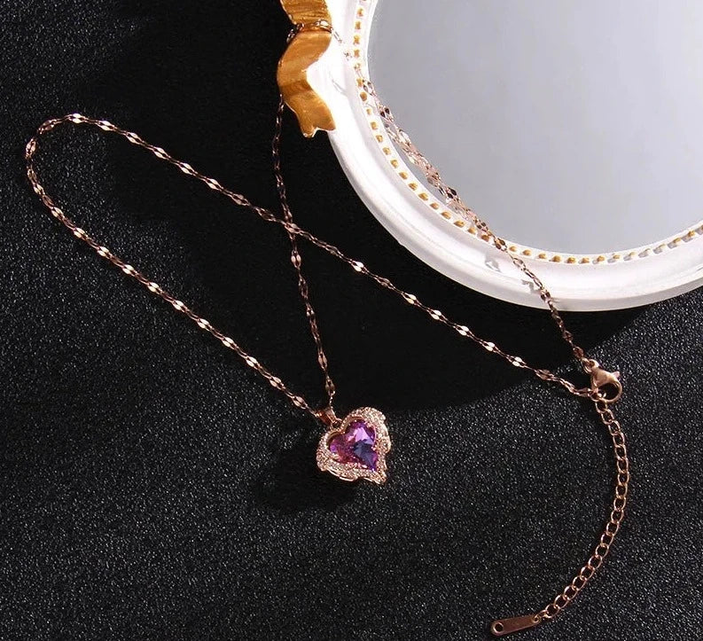 Luxury Colorful Crystal Ocean Heart Pendant Necklace For Women Korean Fashion Stainless Steel Neck Chain Female Wedding Jewelry