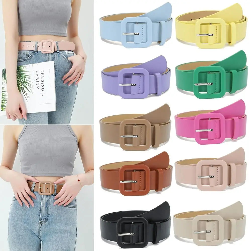 Women Luxury Design Candy Color Casual Thin Waist Strap Square Buckle Waistband Trouser Dress Belts Leather Belt