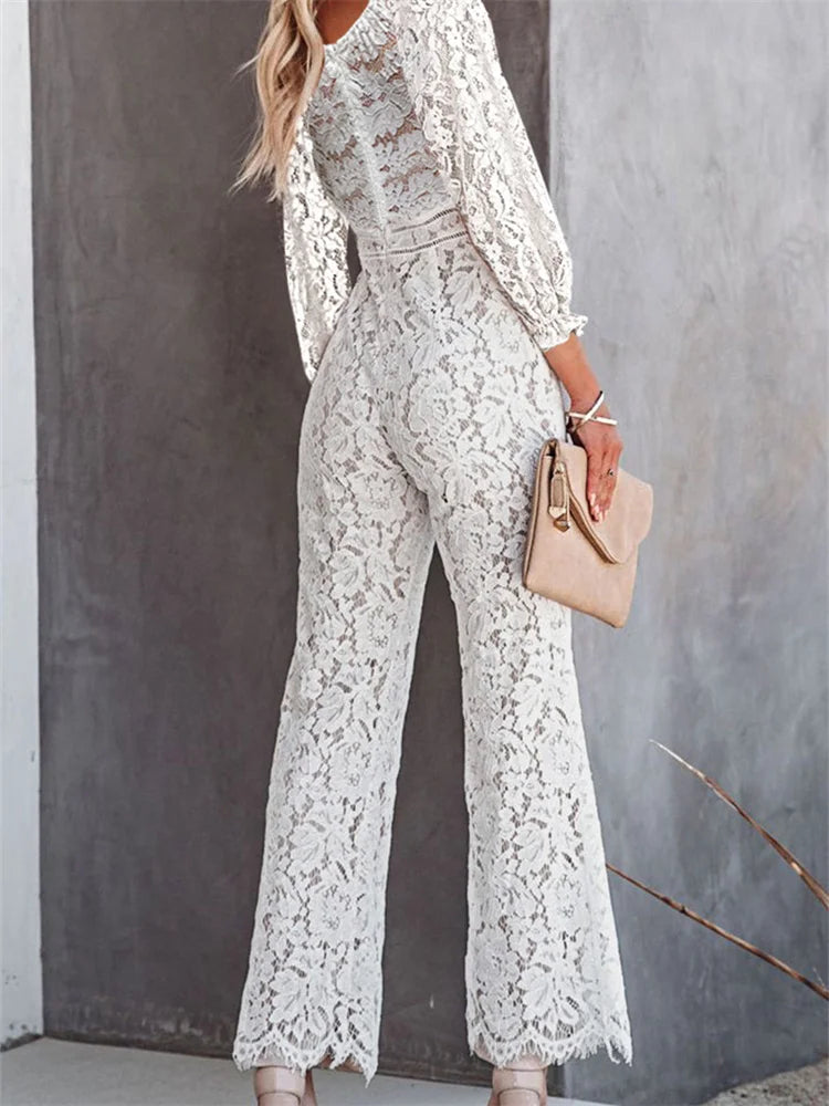 Elegant Women Lace Wide Leg Pants Jumpsuits Solid Color Long Sleeve High Waist V Neck Floral Rompers-Dollar Bargains Online Shopping Australia