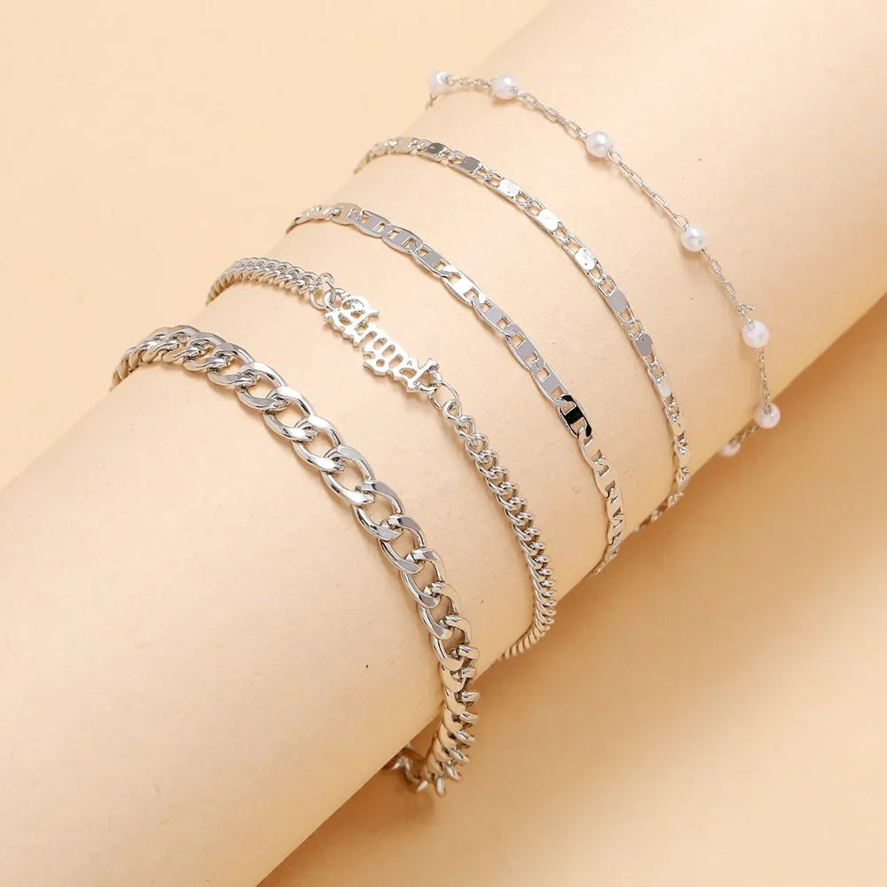 5Pcs Trendy Chain Bracelet Set For Women Angel Letter Gold Silver Color Link Chain Bangle Female Fashion Jewelry Gift-Dollar Bargains Online Shopping Australia