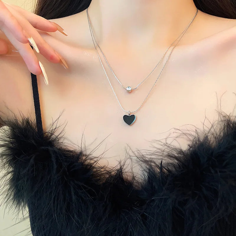 Unique Double Layer Black Love Heart Neckaces Women Exquisite Light Luxury Zircon Necklace Jewelry Party Gifts-Dollar Bargains Online Shopping Australia