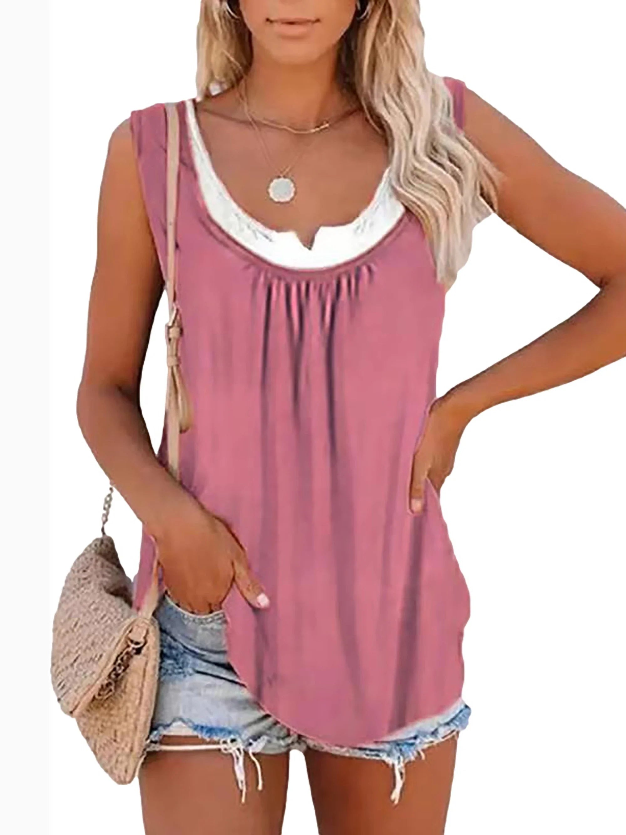 Womens blouse solid color patchwork sleeveless pleated vest T-shirt-Dollar Bargains Online Shopping Australia