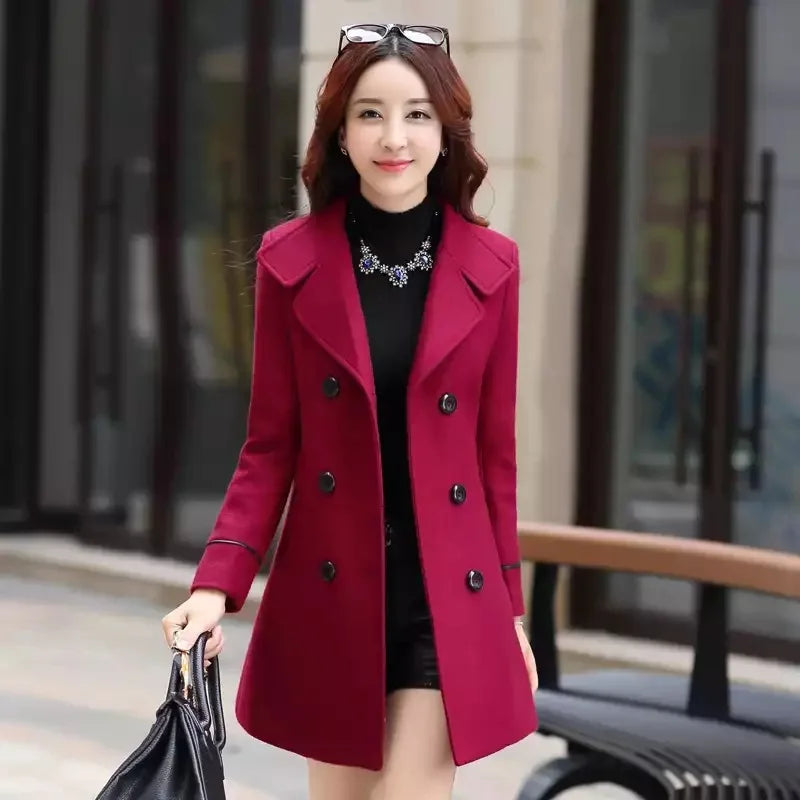 Jacket Women Double Breasted Solid Color Coat Korean Slim Female Woolen Jacket