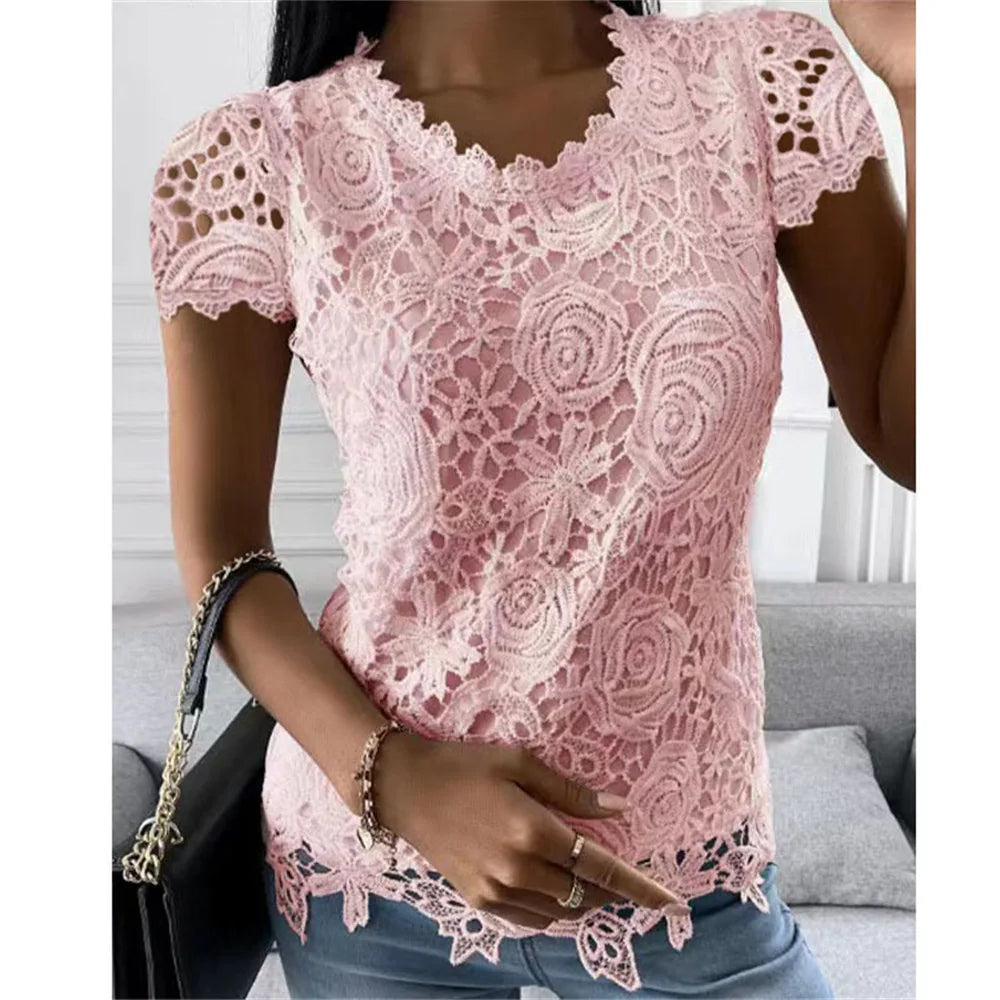 Women Lace Blouse Tops Summer V Neck Short Sleeve Lace Patchwork OL Blouse Shirts-Dollar Bargains Online Shopping Australia