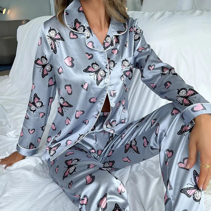 women Silk Satin pyjamas set Long sleeve Shirt with Trouser Sleepwear Loungewear Female Pyjamas Suits-Dollar Bargains Online Shopping Australia