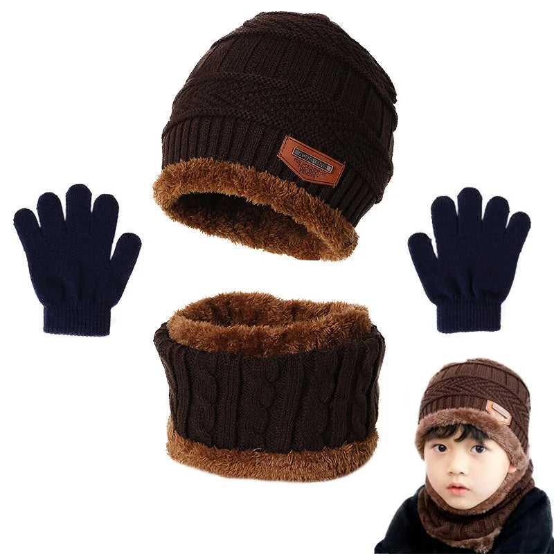 Winter Hat Scarf and Gloves Set Plush Warmer Children Knitted Hat Baby Boys Beanies Cap Neck Scarf Glove Suit For Kids Accessori-Dollar Bargains Online Shopping Australia
