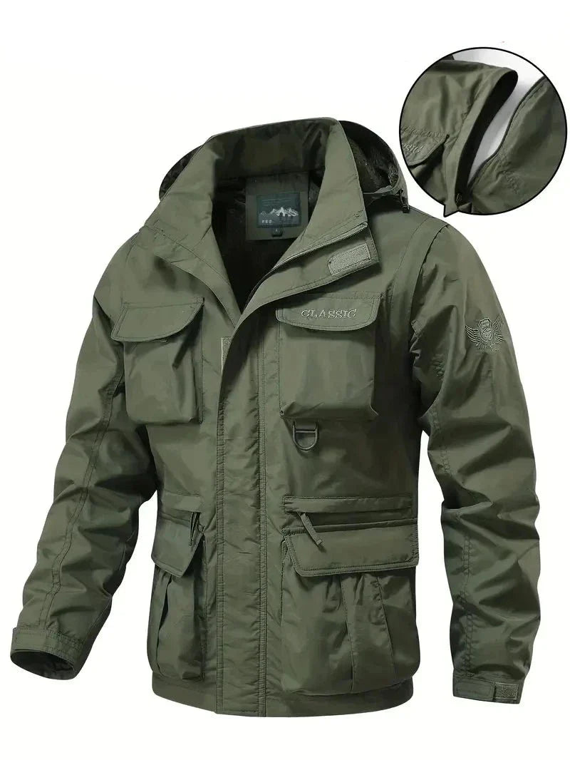 Detachable windproof hooded jacket men's casual waterproof multi bag cargo jacket vest