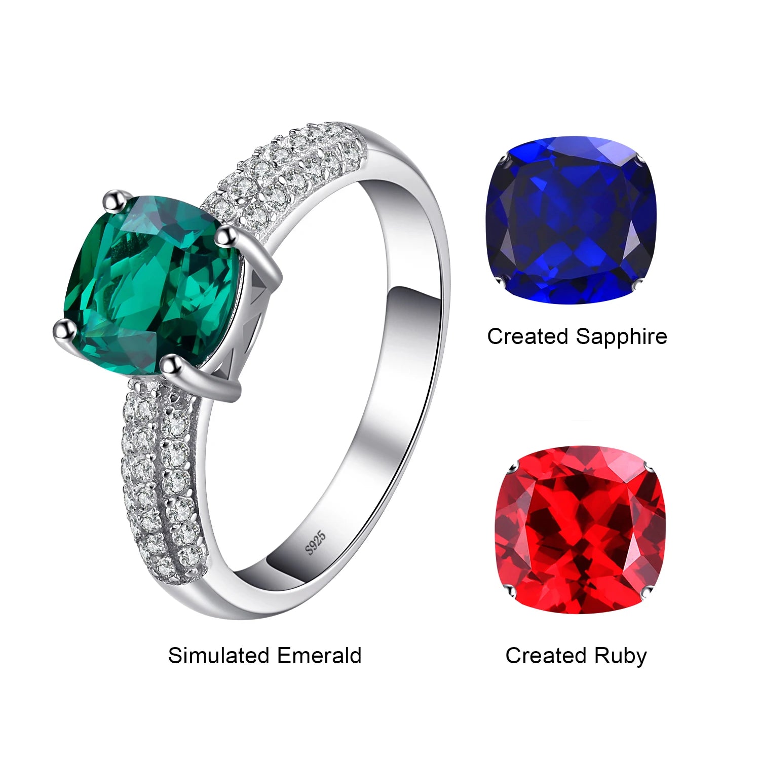 Green Simulated Nano Emerald Created Ruby Ring 925 Sterling Silver Gemstone Solitaire Engagement Rings for Women