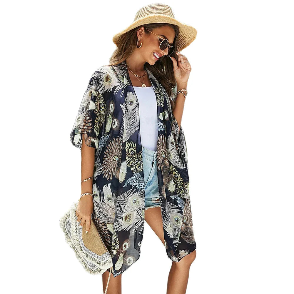 Women's Floral  Loose  Chiffon Coverups Beach Swim Bikini Kimono Cardigan Bathing Suit Cover Ups Blouse for Swimwear Resort Wear