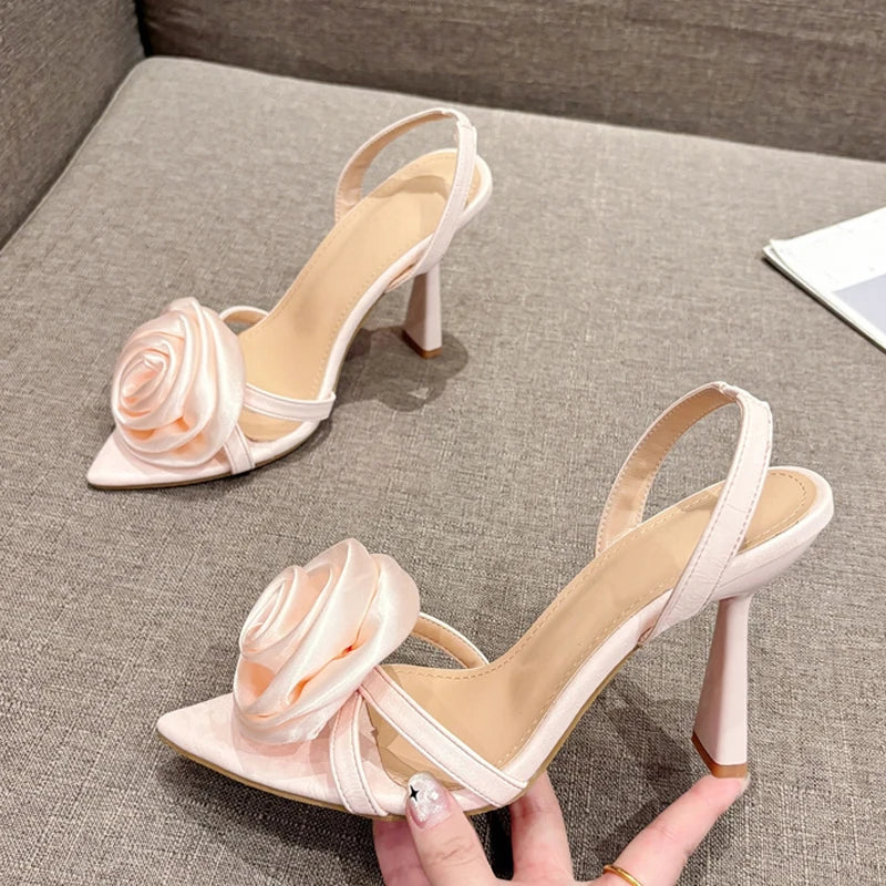 Silk Rose Flowers Pointed Open Toe Back Strap Sandals Women Red High Heels Wedding Prom Shoes-Dollar Bargains Online Shopping Australia