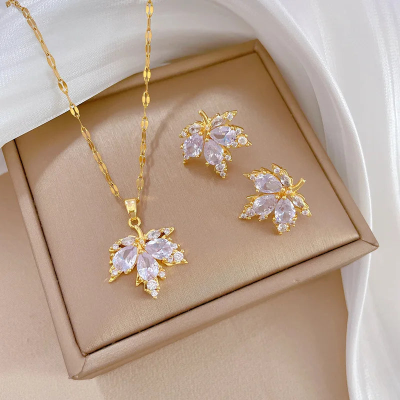 Fashion Micro-inlaid Necklace Earring Set Light Luxury Maple Leaf Personality Temperament Banquet Earrings Clavicle Chain-Dollar Bargains Online Shopping Australia