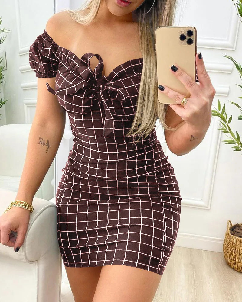 Summer dress sexy package buttocks short skirt of cross border grid print dress-Dollar Bargains Online Shopping Australia