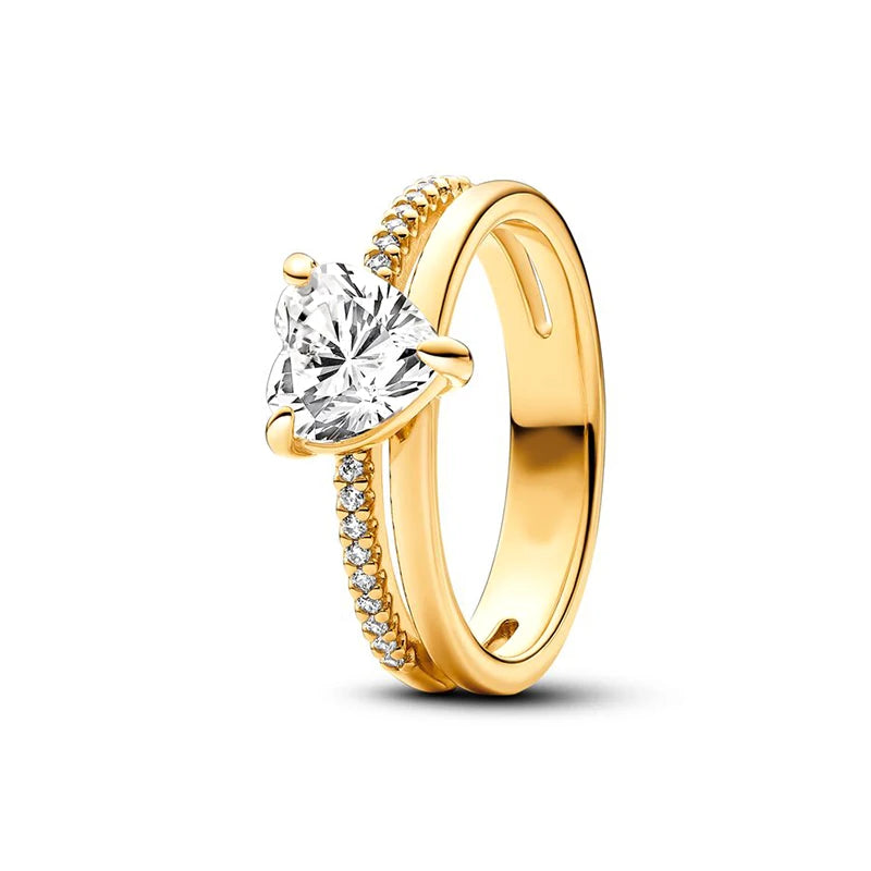 Gold Plated Silver Ring Zircon Sparkling Double Band Heart Finger Ring Women Ring Fine Jewelry