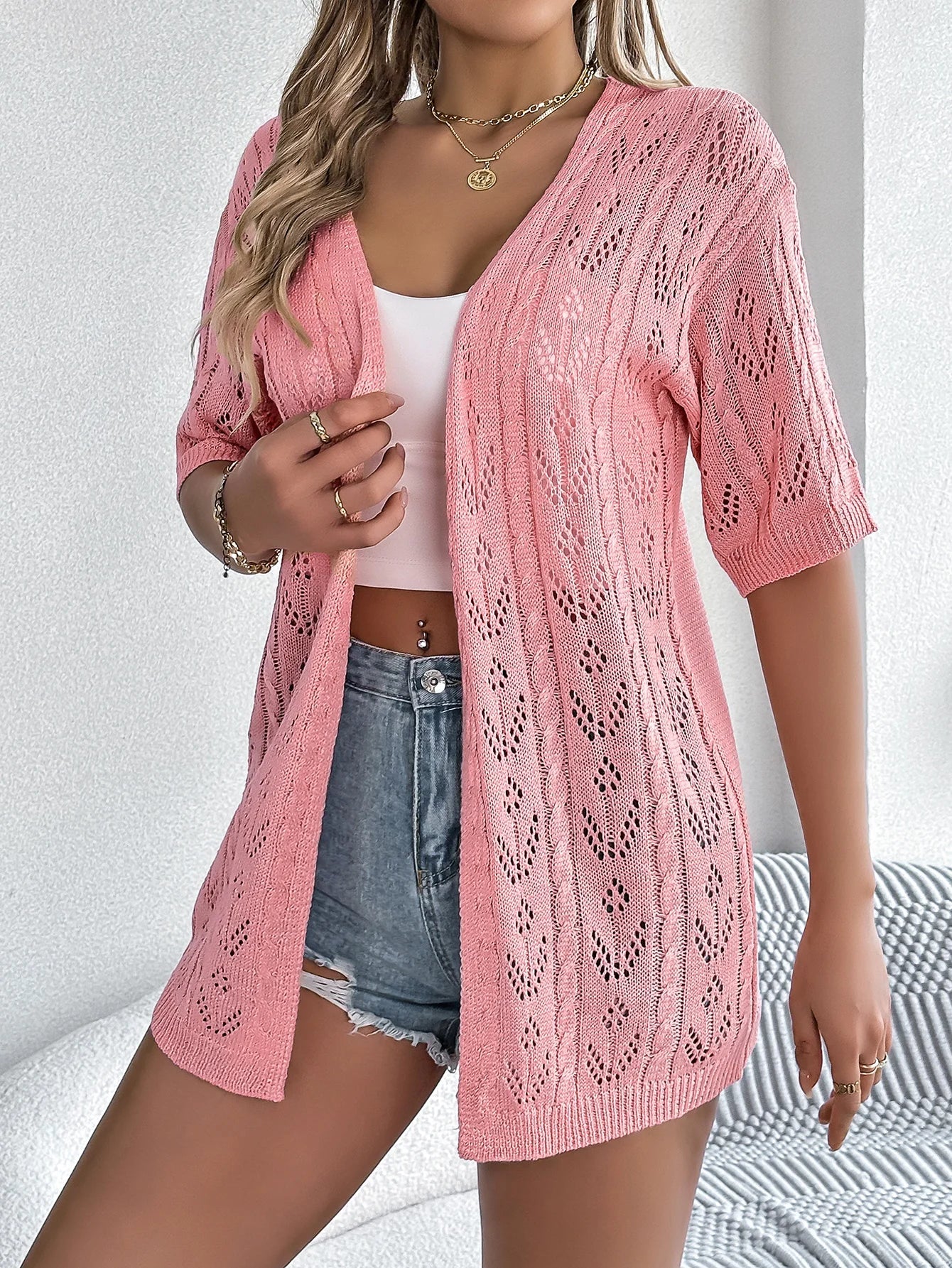 Casual Solid Color Hollow Out Knitted Cardigan Sun Proof Tops for Women-Dollar Bargains Online Shopping Australia