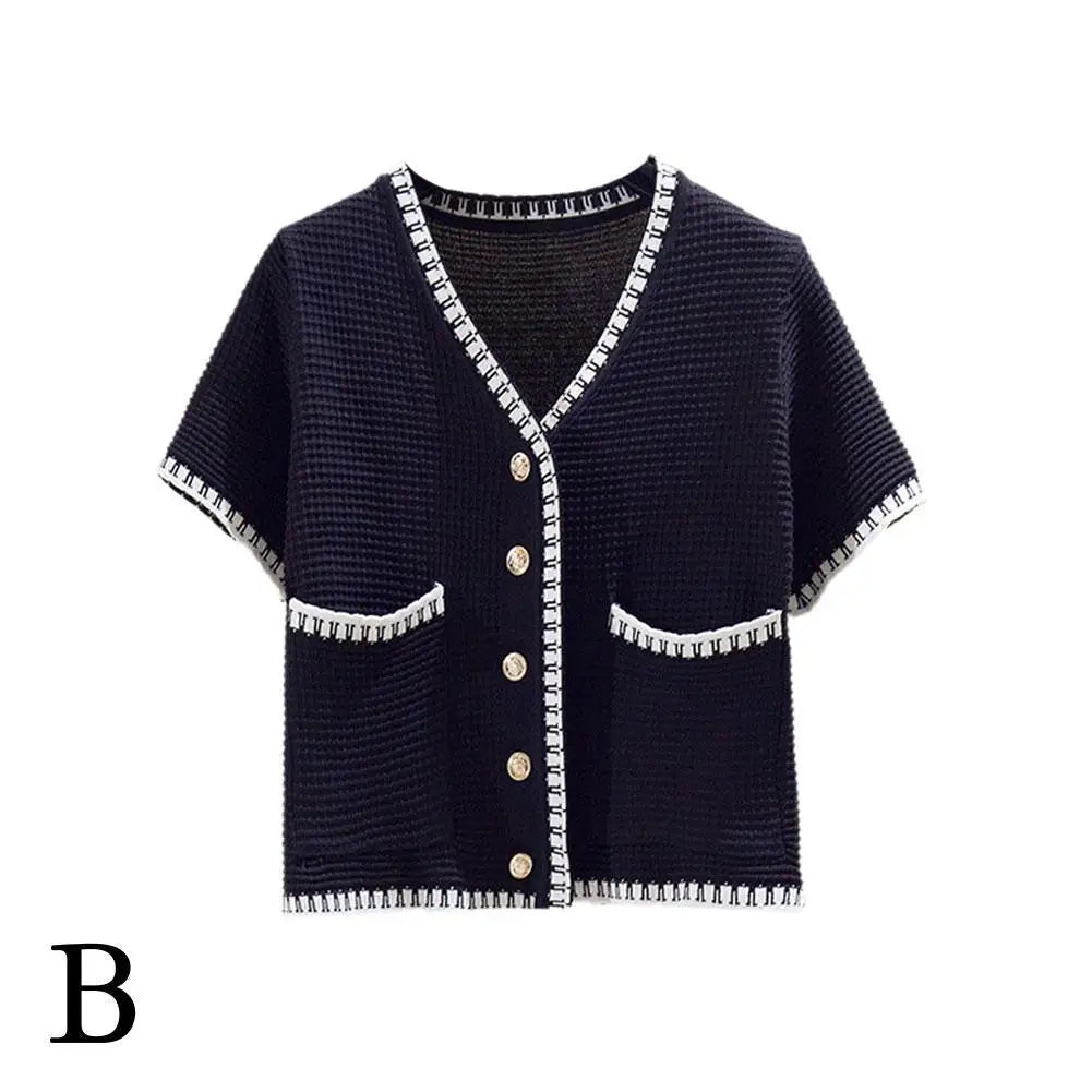 Women's V-neck T-Shirt Tops Small Fragrant Style Summer Short Sleeved Thin Knit Cardigan Elegant Slim-fit All-Match-Dollar Bargains Online Shopping Australia