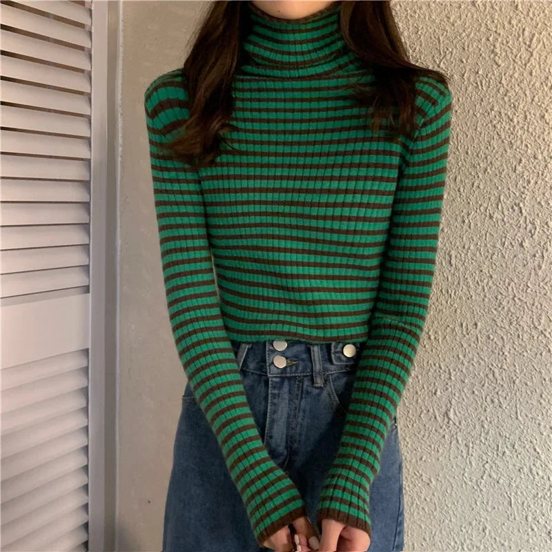 Women's Striped Turtleneck Sweater Autumn and Winter Knit Sweater-Dollar Bargains Online Shopping Australia