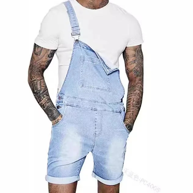 Men Jeans Rompers Overalls Wide Leg Pants Washing Spliced One Piece Pockets Summer Jumpsuits Knee Length Casual Distressed