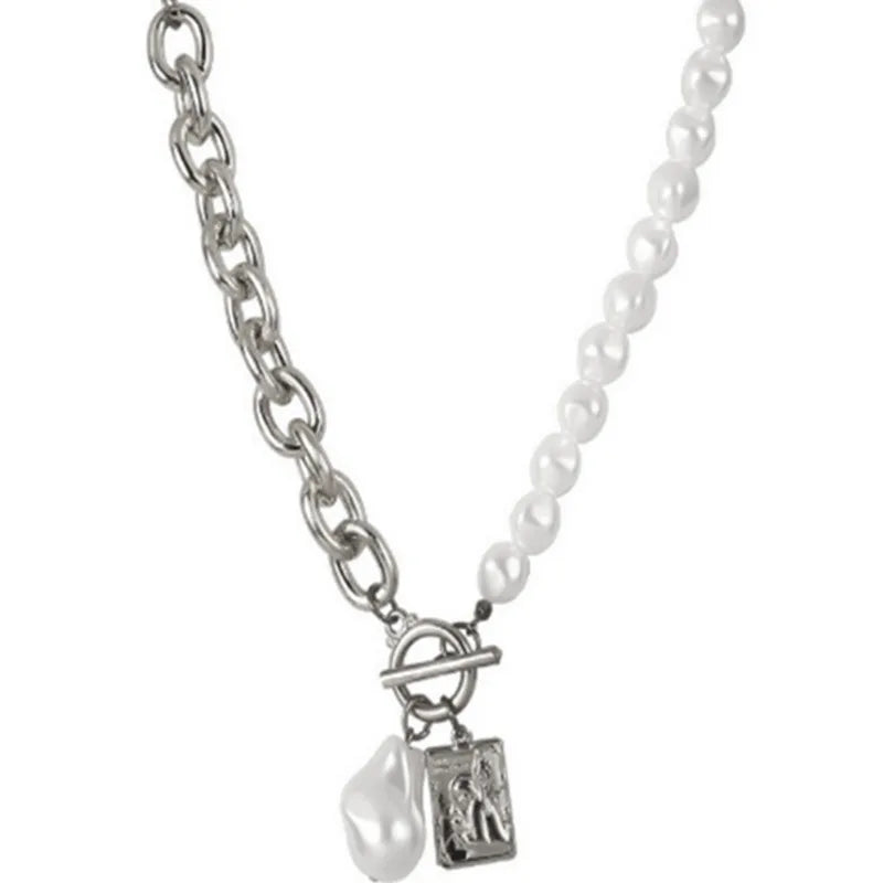 Copper Snake Chain Baroque Pearl Portrait Square Necklace For Women Trendy Multi-Layer Crystal Pendant Necklace Set Jewelry Gift-Dollar Bargains Online Shopping Australia