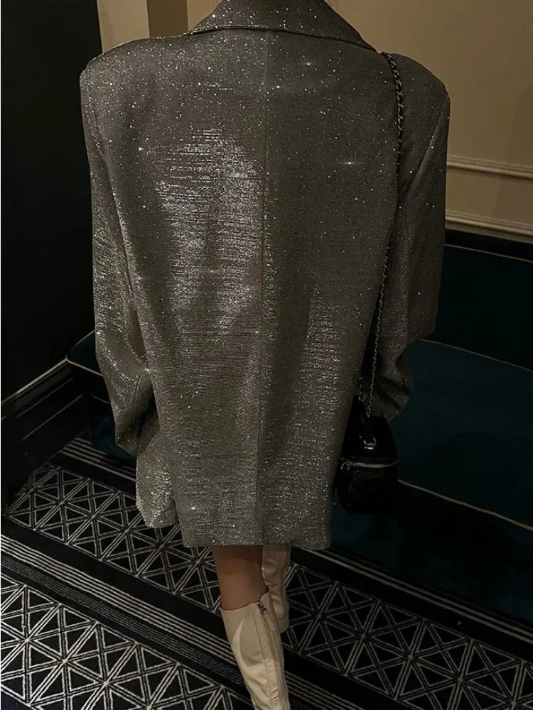 Sequin Glitter Lapel Suit Outwear For Women Luxury Long Sleeve Fashion Pocket Elegant Sparkle Coat Women's Suit Outwear-Dollar Bargains Online Shopping Australia