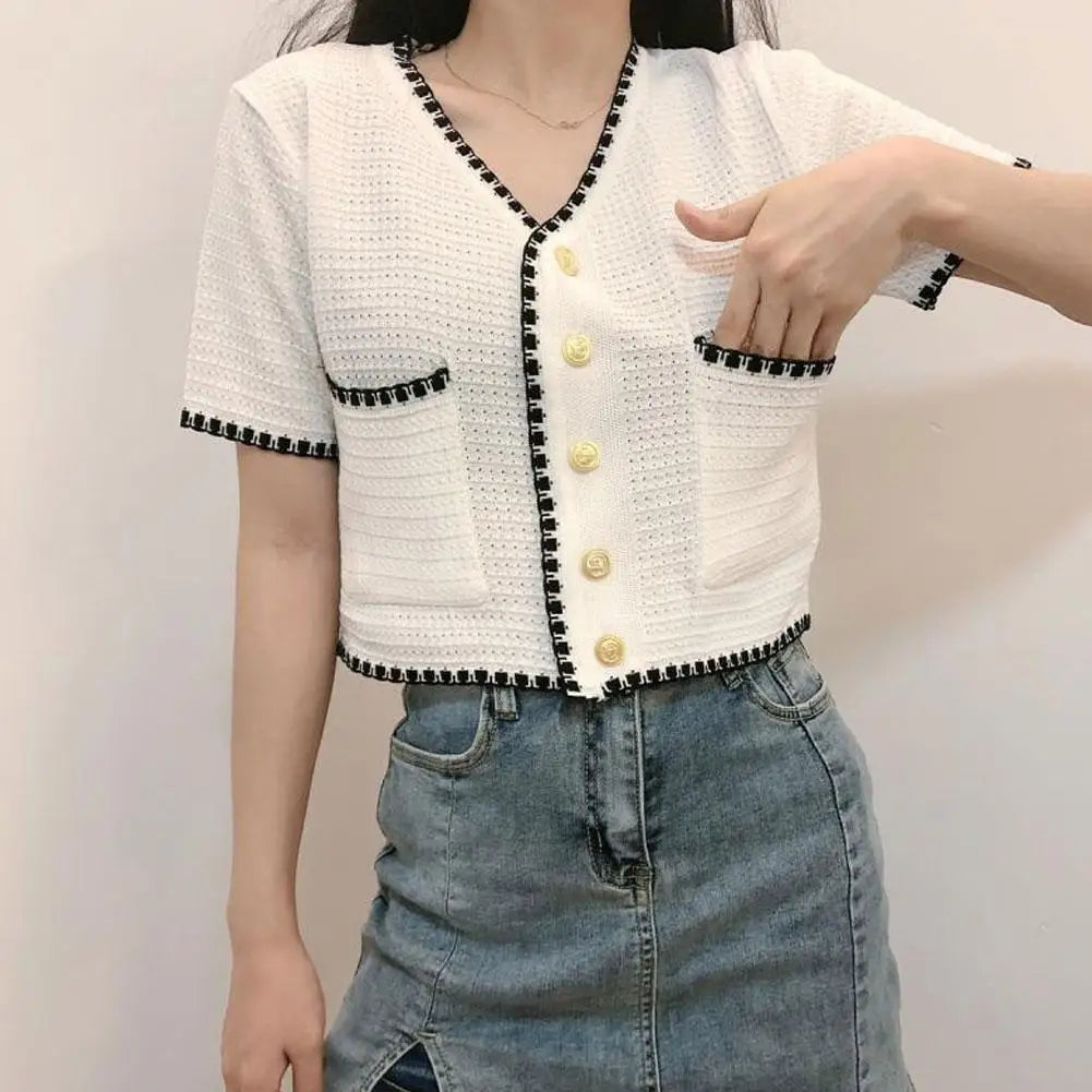Women's V-neck T-Shirt Tops Small Fragrant Style Summer Short Sleeved Thin Knit Cardigan Elegant Slim-fit All-Match-Dollar Bargains Online Shopping Australia