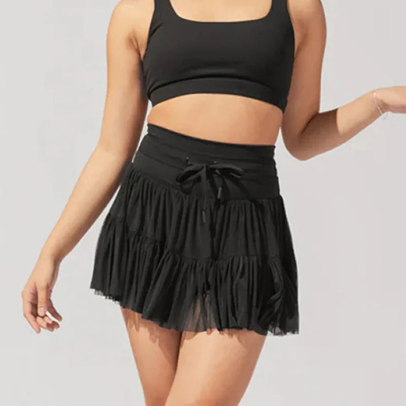 Sport Pleated Skirts With Safety Shorts Women Solid Color Streetwear High Waist Dance Skirts