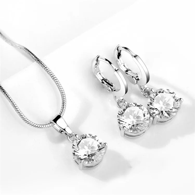 925 Silver Needle Trendy Crystal Pendant Necklace Earrings Jewelry Set For Women Girls Wedding Engagement Fashion Jewelry-Dollar Bargains Online Shopping Australia